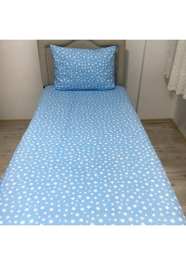 Tek Kişilik Ranforce Kumaş Lastiksiz Çarşaf Takımı Yıldız Mavi Mavi