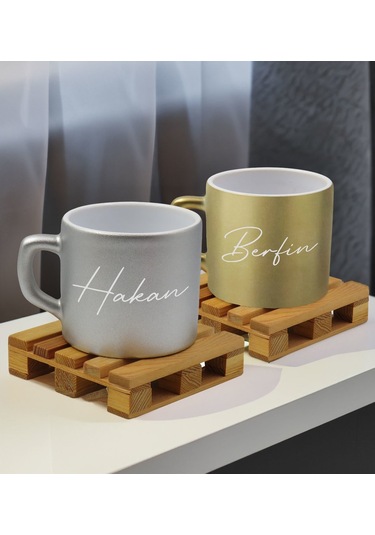 Bk Gift Kişiye Özel İsimli 2li Gümüş Ve Gold Renkli Middle Çay & Kahve Fincanı-1, Arkadaşa Hediye, Sevgiliye Hediye Kobitmeyencom32664 Bk Gift