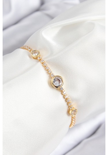 Pirinç Zirkon Taşlı Daire Model Gold Renk Asansörlü Kadın Bileklik - Tj-bb7733 Diğer