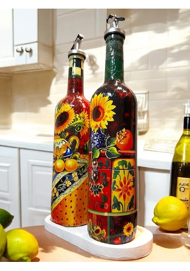 Akdeniz Mutfağı Ve Ayçiçeklerinden İlhamla Tasarlanan Cam Yağdanlık, Sirkelik Ve Sosluk Seti, Mutfak Kırmızı - Sarı