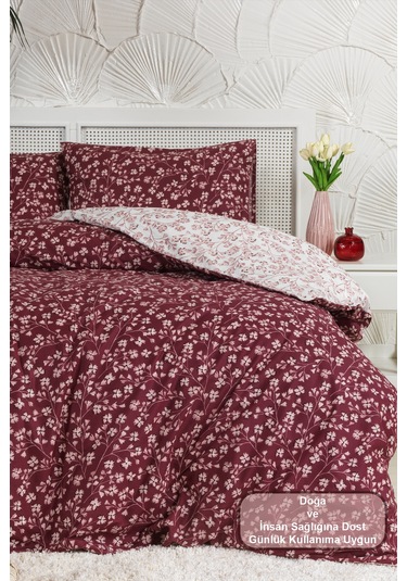 Elart Jasmin Nevresim Takımı Çift Kişilik %100 Pamuk Ranforce Lastikli Çarşaf 200x220 Cm Bordo Bordo