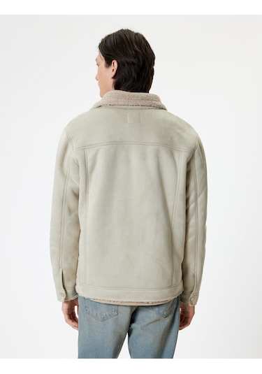 Koton Süet Görünümlü Ceket Slim Fit Peluş Detaylı Gömlek Yaka Bej 5wam20075hw Ekru
