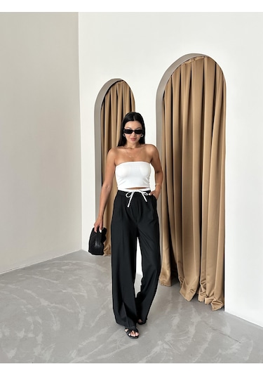 Siyah Bel Bantı Detaylı Yan Fermuarlı Pantolon Siyah
