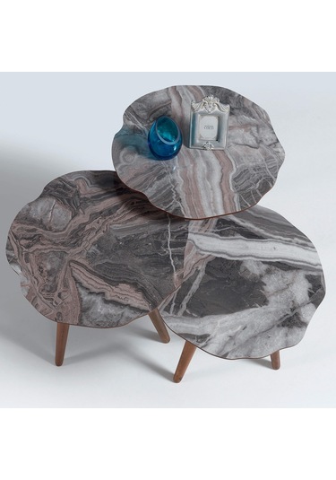 3'Lü Yaprak Ahşap Zigon Sehpa Bej Mermer B5