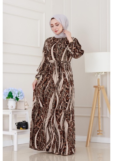 Sevitli Leopar Desenli Beli Tünelli Viscon Elbise-bej-5088 Bej