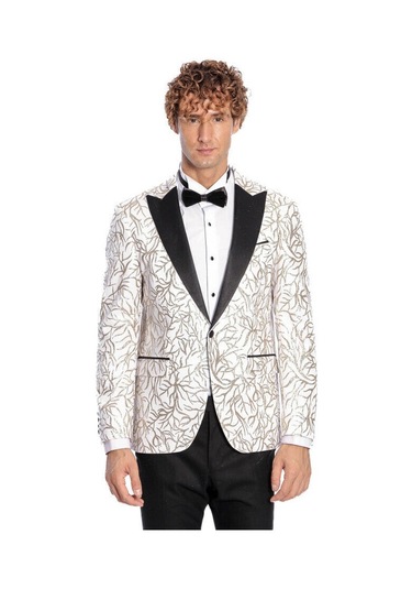 Wessi Işıltılı Sarmaşık Desenli Slim Fit Beyaz Erkek Smokin Ceket Beyaz