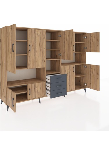 Hyperion Dolap 13 Raflı 3 Çekmeceli 9 Kapaklı 220x44x163 Çam-çam/ Çam-çam/antrasit