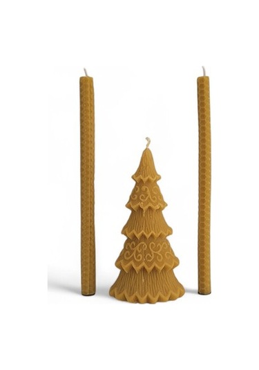 Bal Mumu Çam Ağaçlı Üç'lü Mum Seti Sarı