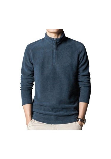 Erkekler Sonbahar Kış Kazak Fermuar Stand Yaka Uzun Kollu Kalın Polar Polar Düz Renk Uzun Kollu Boyun Koruma Orta Uzunlukta Yumuşak Rahat Mavi