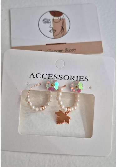 Glamglamour Küçük Halka İncili Küpe Seti Rose Gold