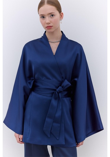 Manuka Saten Kemerli Kimono Lacivert