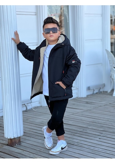 Erkek Çocuk Kapüşonlu İçi Kürklü Mont Km3050 Siyah