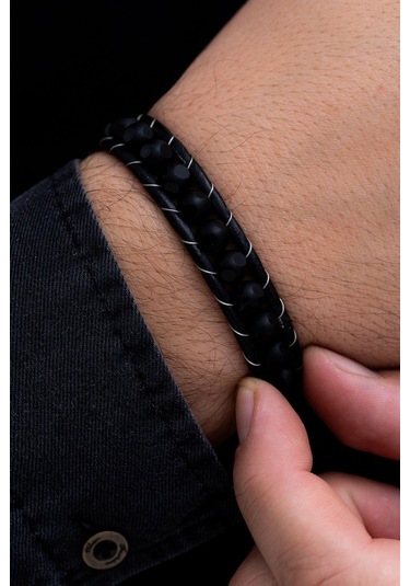 Erkek Çelik Bileklik - Benekli Oniks Doğaltaş Erkek Deri Bileklik Çelik