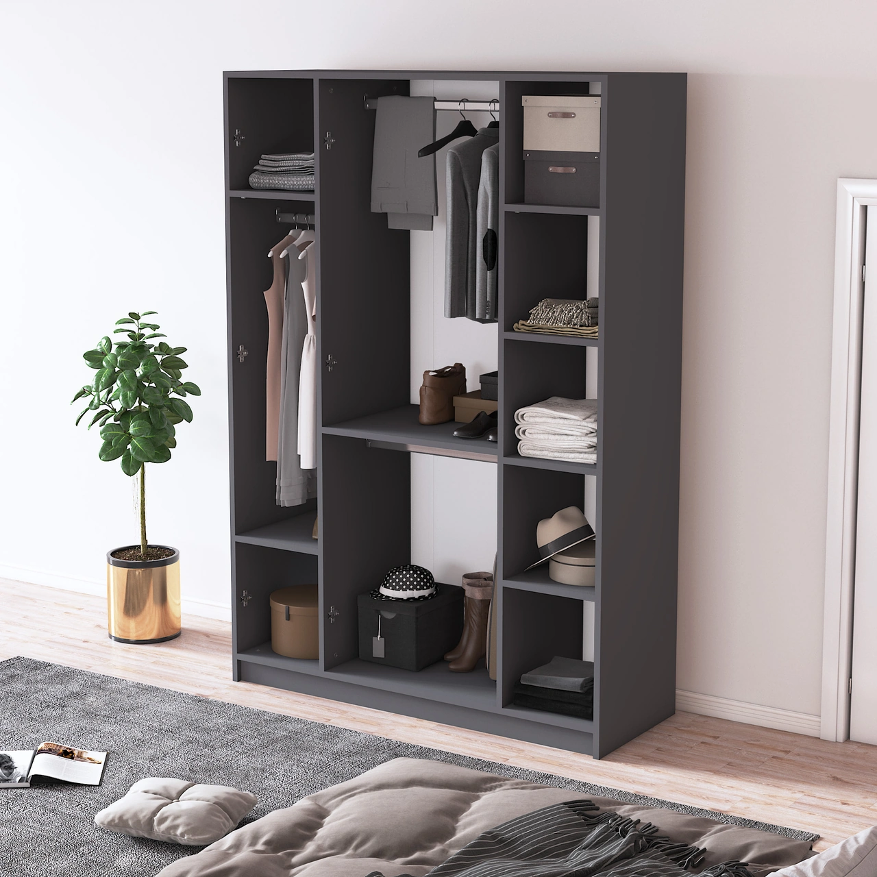 %100 Mdflam 4 Kapaklı Gardrop 120cm G-08 Antrasit