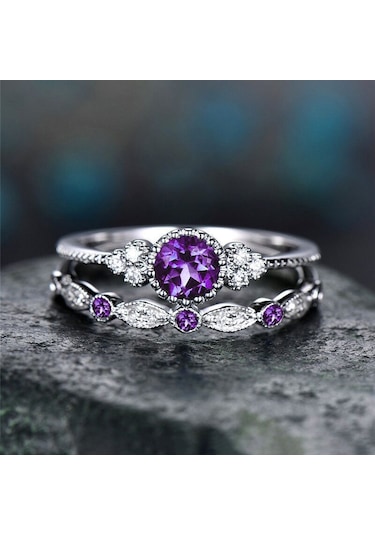 2 Pcs/set Women Fashion Zircon Gemstone Ring 9 Purple Çok Renkli