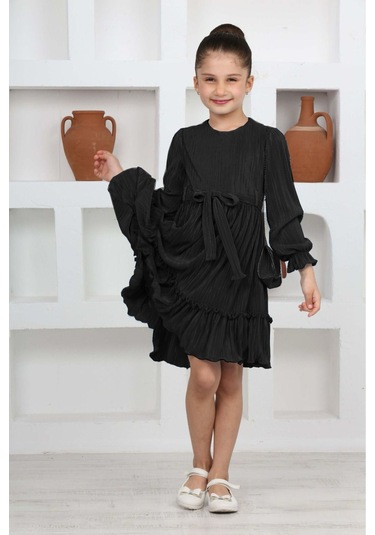 Kız Çocuk Örme Saten Çanta Detaylı Pliseli Astarlı Elbise Siyah