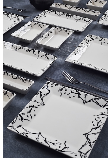 Piatti Naturali 16 Parça 6 Kişilik Mermer Kahvaltı Takımı Handmade Sunum Seti Siyah