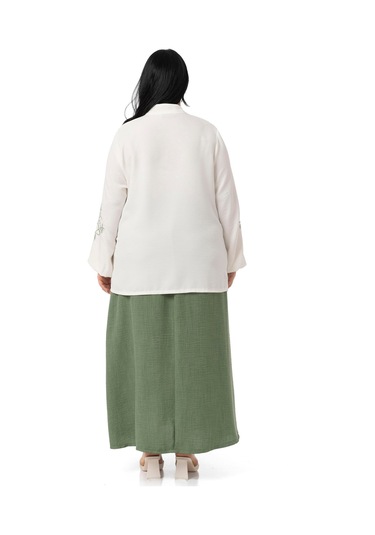 Büyük Beden Nakış Detaylı Bluz Etek Haki İkili Takım Haki