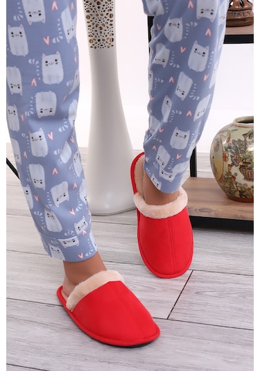 Wordex U050 Unisex Kışlık Ev İçi Terliği Kürklü Yünlü Terlik Kırmızı