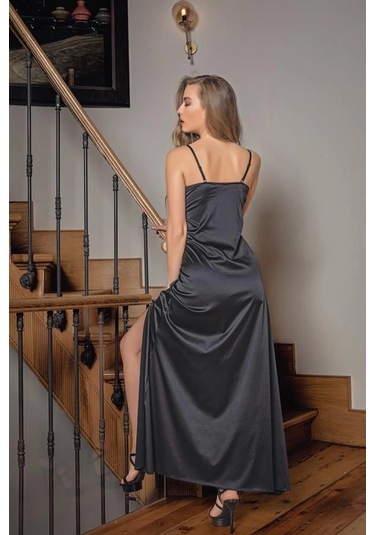 Dantelli Uzun Yırtmaçlı Saten Gecelik Elbise String Takım Siyah Mgp31512 Siyah
