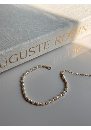 İnci Ve Altın Renk Boncuklu Kadın Halhal Ayarlanabilir Zarif Yazlık Aksesuar Altın