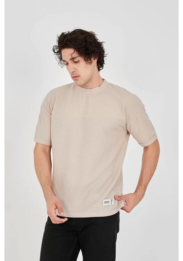 Unisex Waffle Kumaş Rahat Kol T-shirt - Bej Bej