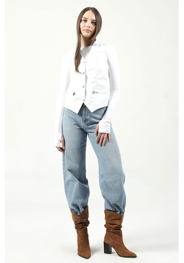 Dericlub Dc-001 Hakiki Deri Kadın Yelek Beyaz