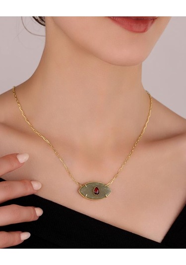 Doğal Taşlı Büyük Boy Göz Gümüş Kolye