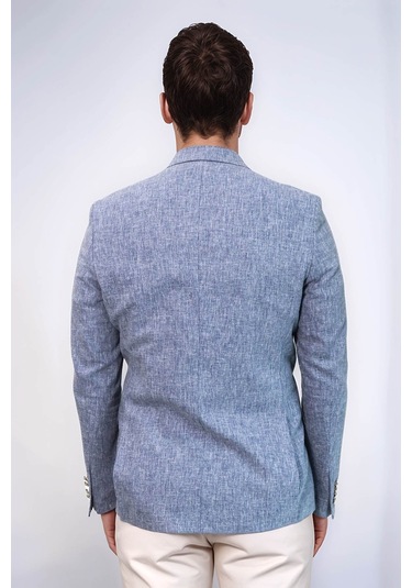 Koyu Mavi Keten Dokulu Gold Renk Metal Düğmeli Slim Fit Erkek Blazer Ceket - Wessi Navy Blue