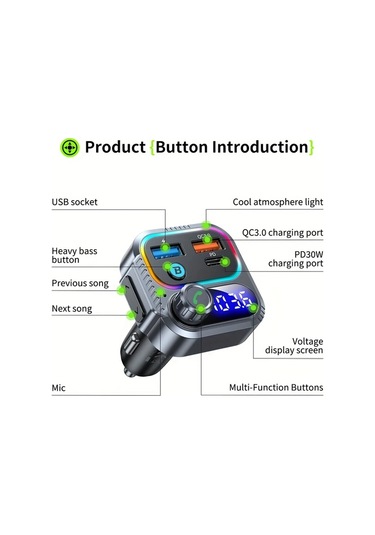 Honeybeeshop Araba Kablosuz Hızlı Şarj Cihazı Hd Ekranlı 54 Hızlı Şarj Usb Kart Desteği Eller Serbest Arama Çok Fonksiyonlu Otomotiv Aksesuarları