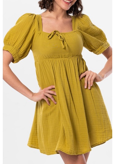 Kısa Kol Lara Kare Yaka Bağlama Detaylı Yazlık Müslin Elbise Yağ Yeşili Ygysl-yağ Yeşili Yeşil