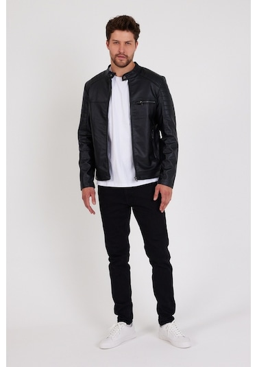 Mero Life Dar Kesim Erkek Deri Ceket Mont - Siyah