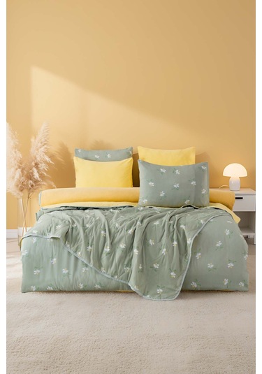 Yeşil Papatya Çift Kişilik Nevresimli Pike Takımı - 7 Parça Çeyiz Seti Yeşil