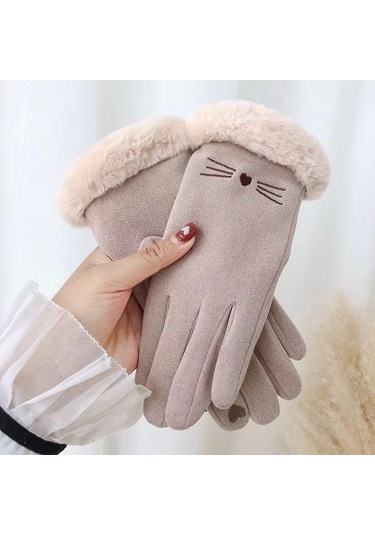 Sevimli Süet Kadın Soğuk Geçirmez Dokunmatik Ekran Eldiven Bej