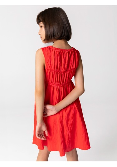 Sheshe Büzgülü Kırmızı Kolsuz Kız Çocuk Elbise Renkli