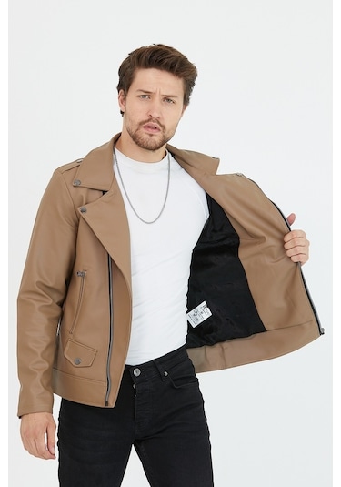 Erkek Vizyon Yeni Sezon Çapraz Fermuarlı Deri Ceket Mont-Vizon
