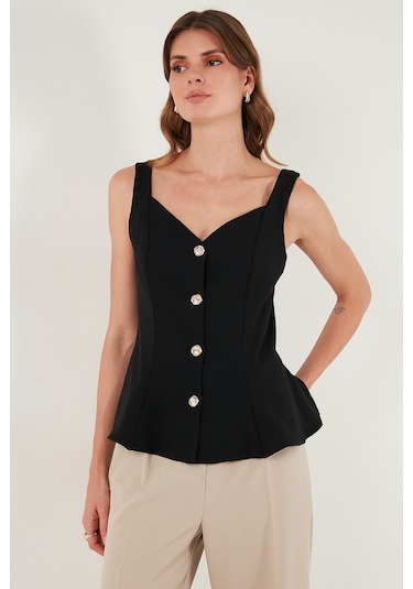 Lela Fitted Fit V Yaka Düğmeli Bayan Yelek 611Fyl145 Siyah