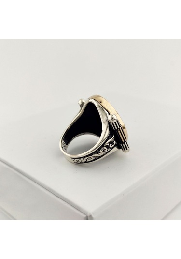 925 Ayar Gümüş Mavi Mineli Motifli Mührü Süleyman Erkek Yüzük Silver