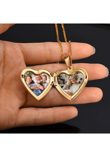 Desenli Kalp Gold Model Metal Kapağı Açılabilen Resim Kolye Çok Renkli