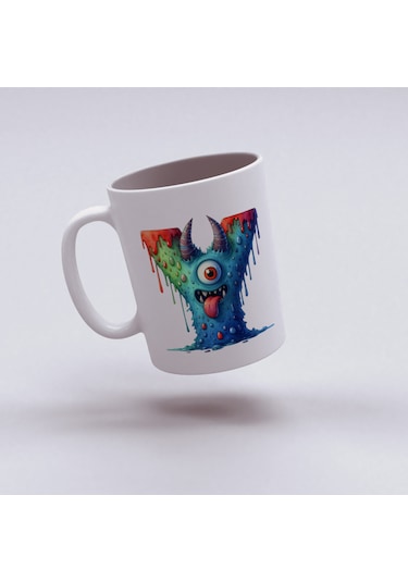 Y Harfi Bardak, Sevimli Canavarlar Harflı Bardak Hediyesi Porselen Beyaz