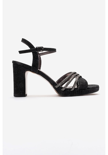 Luvishoes Jarena Siyah Simli Taşlı Kadın Kalın Topuklu Abiye Ayakkabı