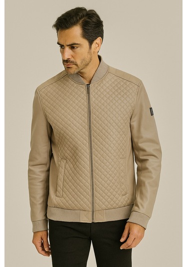 Regular Fit Baklava Desenli Erkek Mont Bej 4527 Bej