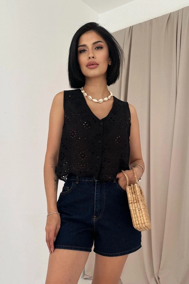 Nova Bazaar Siyah Sıfır Kol Brode Bluz Siyah