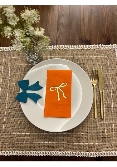 Gold Yaldızlı Turuncu Fiyonk Baskılı Garson Katlama Peçete 16 Adet