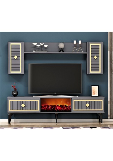 Nil Şömineli Tv Ünitesi Antrasit-altın