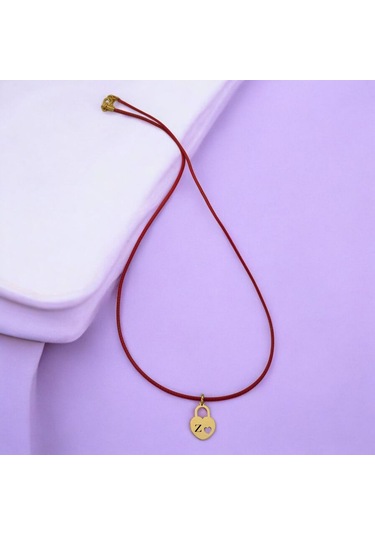 Z Harfine Özel 14 Ayar Altın Plakalı Kırmızı Bağlıklı Kalp Figürlü Hediyelik Kolye-633harf Z