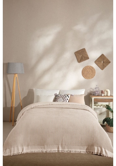Elart Ruffle Pike Çift Kişilik 220x240 Cm Bej Bej