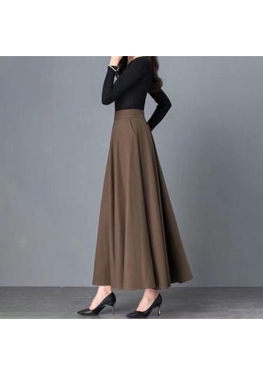 Fastbuy Maxi Etek - Yüksek Bel - Elastik - A Kesim - Uzun - Cepli - Düz Renk - Ofis/kahve Kahve