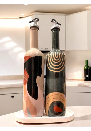 El Yapımı Dekoratif Minimalist Afro Kadın Ve Geometrik Desenli Yağdanlık Seti, Sosluk, Sirkelik, Mut Füme