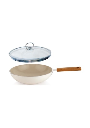Schafer Ceramoni Seramik Wok Tava 28 Cm Cam Kapaklı-krem Krem